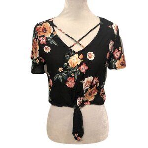 Floral Cropped Short Sleeve Top Black Floral Small